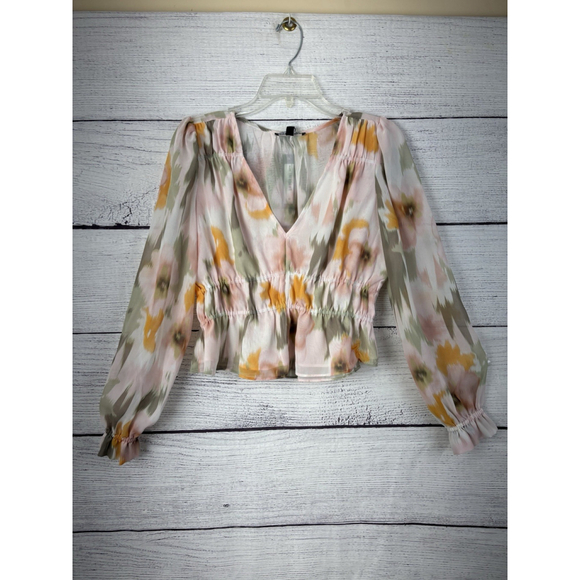 Steve Madden Ardenne Floral Peplum Blouse Long Sleeve V-Neck Cinched Waist S - Picture 3 of 8